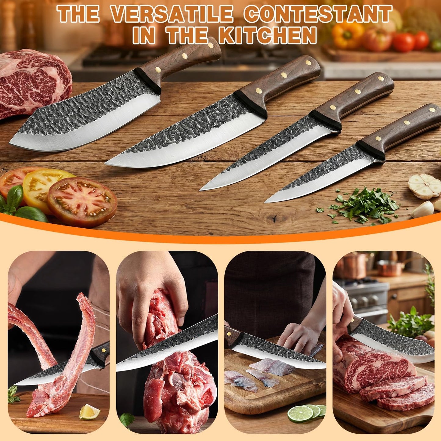 Butcher Knife Set, Viking Kitchen Serbian Chef Knife Set with Bag | Hand Forged Meat Cleaver, Ergonomic Handle, High Carbon Steel Brisket Knife for Home Outdoor Camping BBQ, Gifts for Men Women