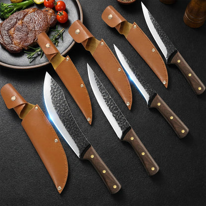 Butcher Knife Set, Viking Kitchen Serbian Chef Knife Set with Bag | Hand Forged Meat Cleaver, Ergonomic Handle, High Carbon Steel Brisket Knife for Home Outdoor Camping BBQ, Gifts for Men Women