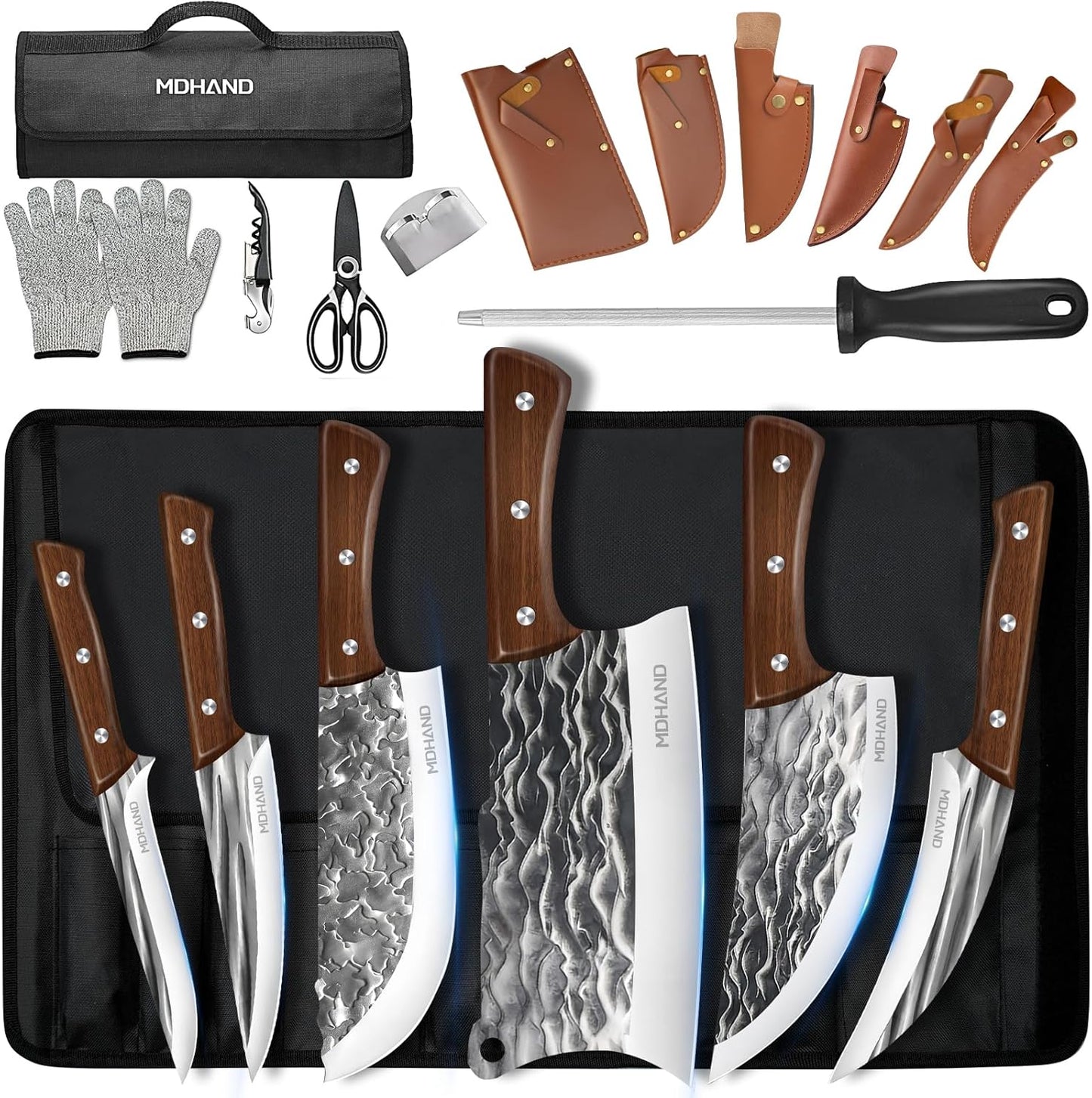 Butcher Knife Set, Viking Kitchen Serbian Chef Knife Set with Bag | Hand Forged Meat Cleaver, Ergonomic Handle, High Carbon Steel Brisket Knife for Home Outdoor Camping BBQ, Gifts for Men Women
