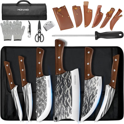 Butcher Knife Set, Viking Kitchen Serbian Chef Knife Set with Bag | Hand Forged Meat Cleaver, Ergonomic Handle, High Carbon Steel Brisket Knife for Home Outdoor Camping BBQ, Gifts for Men Women