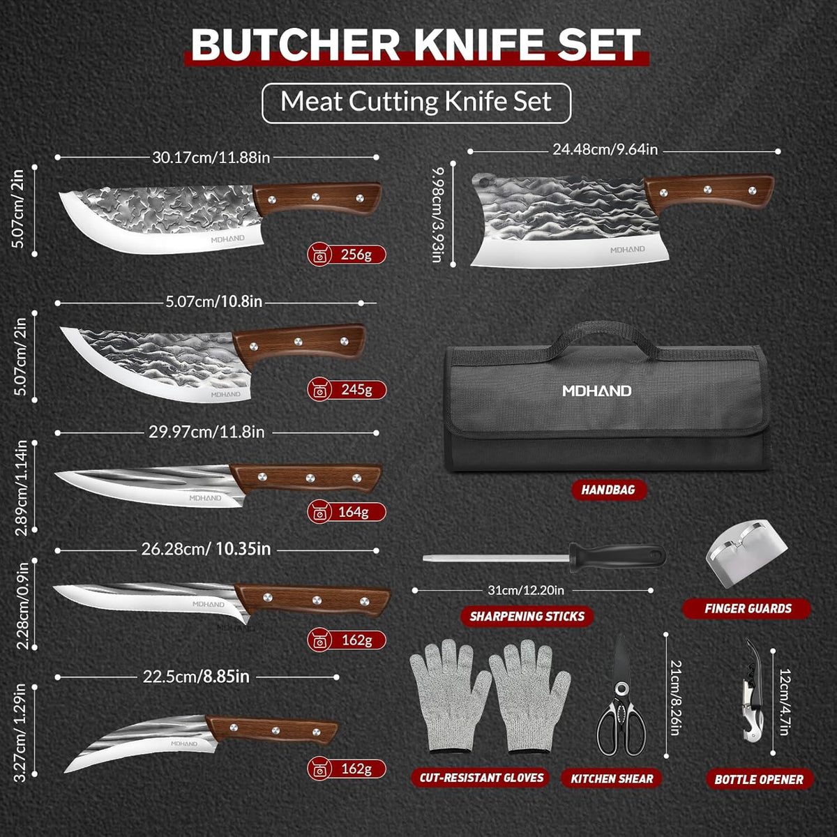 Butcher Knife Set, Viking Kitchen Serbian Chef Knife Set with Bag | Hand Forged Meat Cleaver, Ergonomic Handle, High Carbon Steel Brisket Knife for Home Outdoor Camping BBQ, Gifts for Men Women