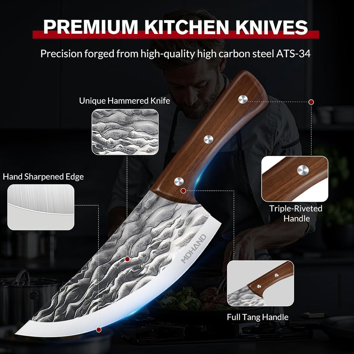 Butcher Knife Set, Viking Kitchen Serbian Chef Knife Set with Bag | Hand Forged Meat Cleaver, Ergonomic Handle, High Carbon Steel Brisket Knife for Home Outdoor Camping BBQ, Gifts for Men Women