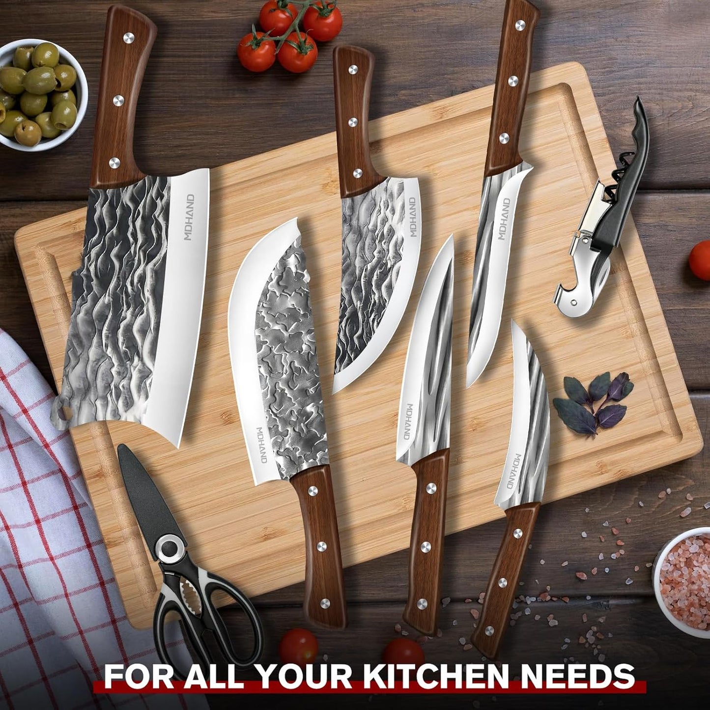 Butcher Knife Set, Viking Kitchen Serbian Chef Knife Set with Bag | Hand Forged Meat Cleaver, Ergonomic Handle, High Carbon Steel Brisket Knife for Home Outdoor Camping BBQ, Gifts for Men Women