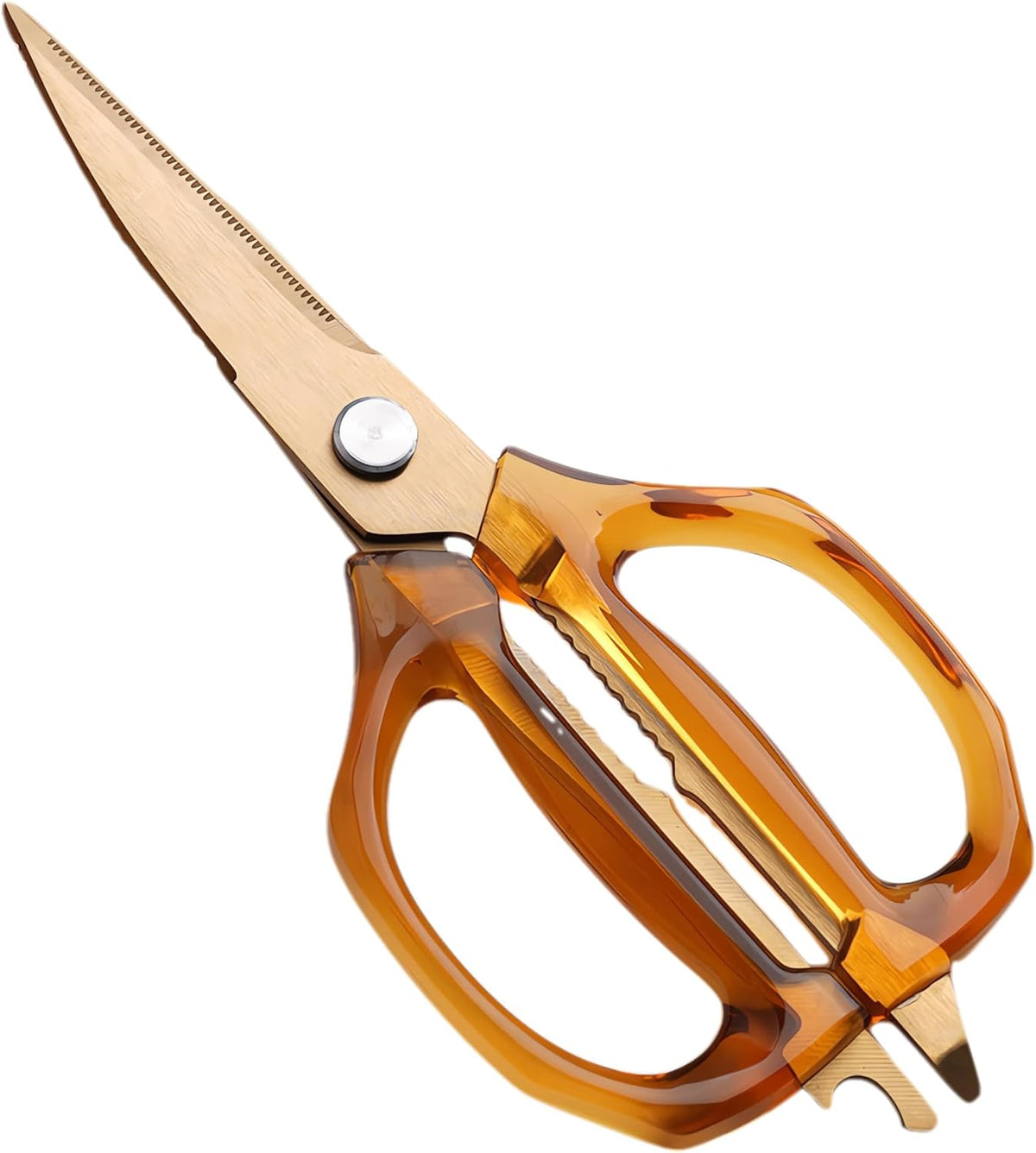 Transparent Handle Stainless Steel Sharp Powerful Kitchen Scissors Multi-Purpose Heavy Duty Food Scissors Kitchen Shears Chicken Poultry bone fish scales (Amber handle gold blade)