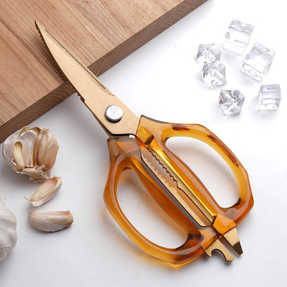 Transparent Handle Stainless Steel Sharp Powerful Kitchen Scissors Multi-Purpose Heavy Duty Food Scissors Kitchen Shears Chicken Poultry bone fish scales (Amber handle gold blade)