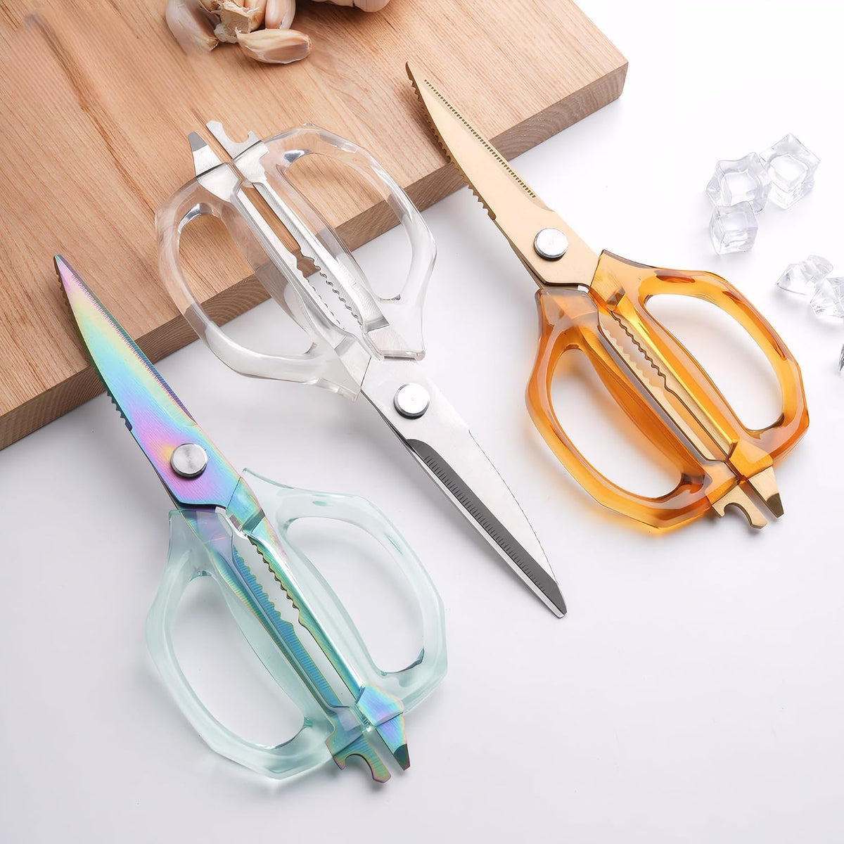 Transparent Handle Stainless Steel Sharp Powerful Kitchen Scissors Multi-Purpose Heavy Duty Food Scissors Kitchen Shears Chicken Poultry bone fish scales (Amber handle gold blade)