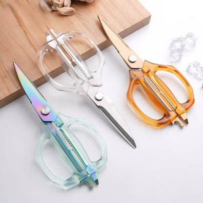 Transparent Handle Stainless Steel Sharp Powerful Kitchen Scissors Multi-Purpose Heavy Duty Food Scissors Kitchen Shears Chicken Poultry bone fish scales (Amber handle gold blade)