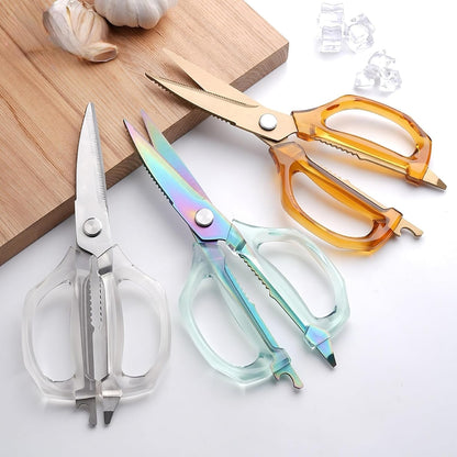 Transparent Handle Stainless Steel Sharp Powerful Kitchen Scissors Multi-Purpose Heavy Duty Food Scissors Kitchen Shears Chicken Poultry bone fish scales (Amber handle gold blade)