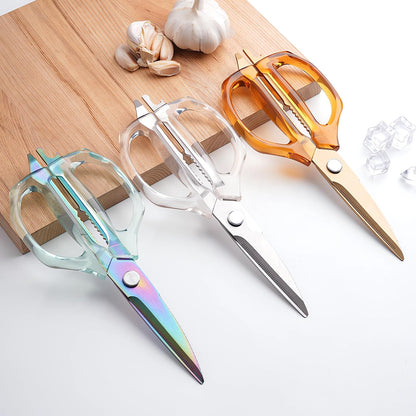 Transparent Handle Stainless Steel Sharp Powerful Kitchen Scissors Multi-Purpose Heavy Duty Food Scissors Kitchen Shears Chicken Poultry bone fish scales (Amber handle gold blade)