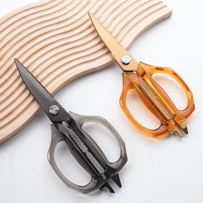 Transparent Handle Stainless Steel Sharp Powerful Kitchen Scissors Multi-Purpose Heavy Duty Food Scissors Kitchen Shears Chicken Poultry bone fish scales (Amber handle gold blade)