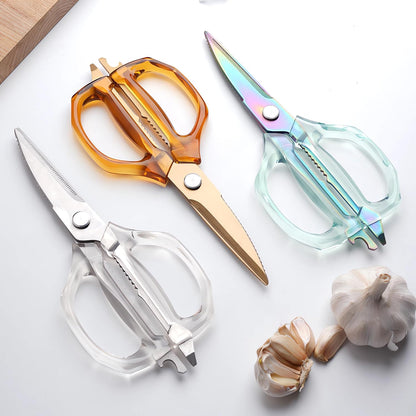 Transparent Handle Stainless Steel Sharp Powerful Kitchen Scissors Multi-Purpose Heavy Duty Food Scissors Kitchen Shears Chicken Poultry bone fish scales (Amber handle gold blade)