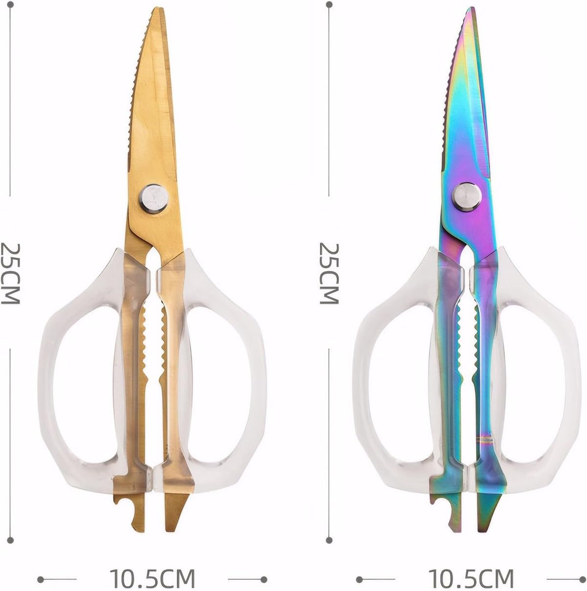 Transparent Handle Stainless Steel Sharp Powerful Kitchen Scissors Multi-Purpose Heavy Duty Food Scissors Kitchen Shears Chicken Poultry bone fish scales (Amber handle gold blade)