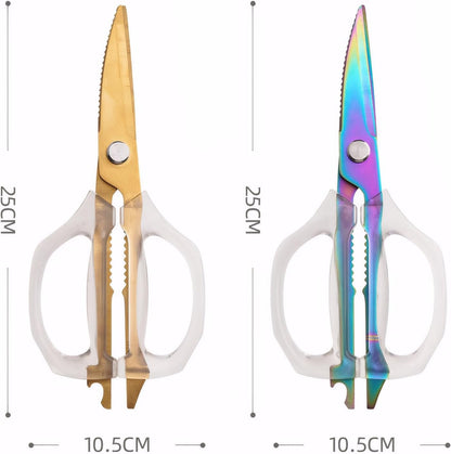 Transparent Handle Stainless Steel Sharp Powerful Kitchen Scissors Multi-Purpose Heavy Duty Food Scissors Kitchen Shears Chicken Poultry bone fish scales (Amber handle gold blade)