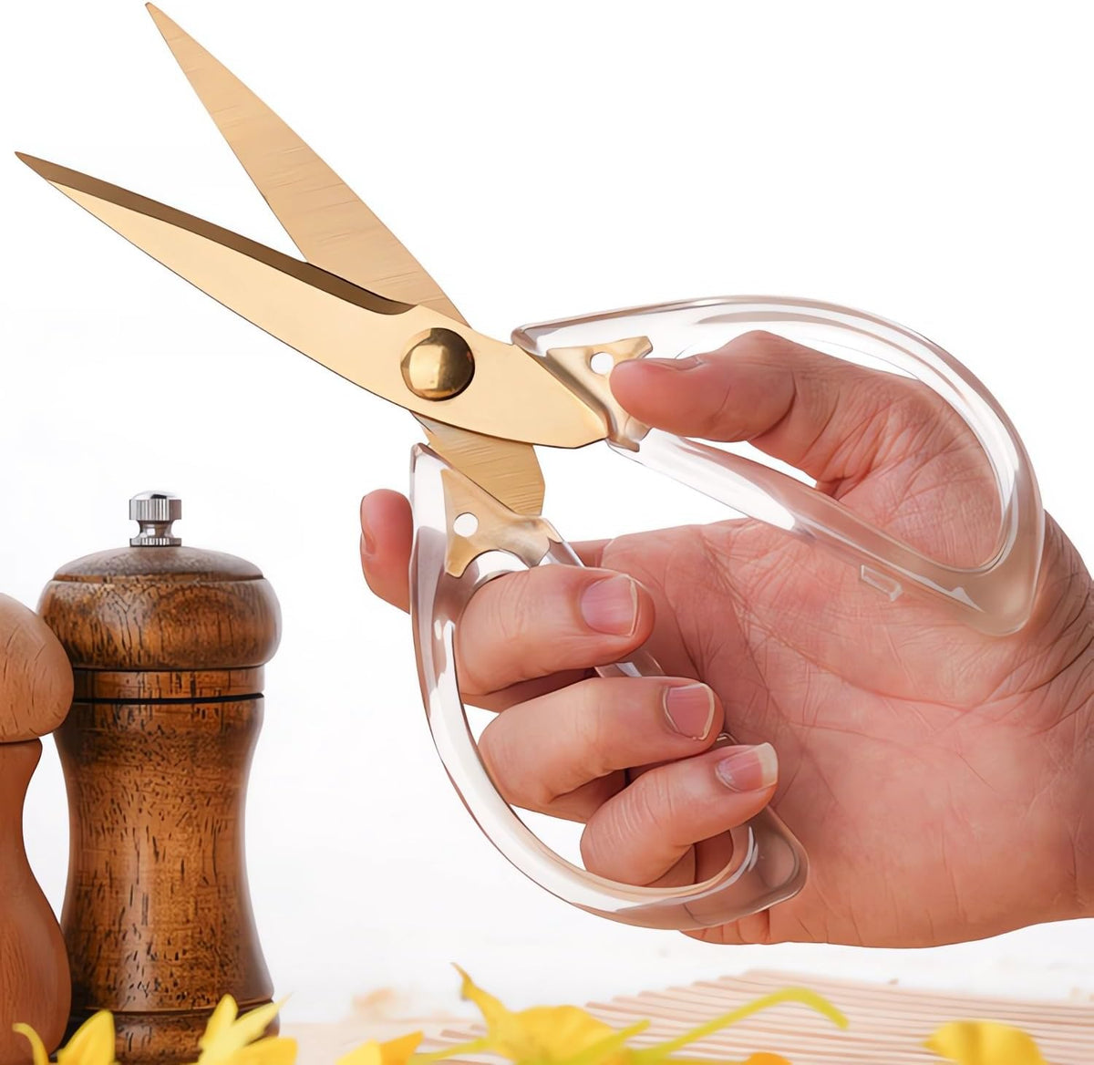 Transparent Handle Stainless Steel Sharp Powerful Kitchen Scissors Multi-Purpose Heavy Duty Food Scissors Kitchen Shears Chicken Poultry bone fish scales (Amber handle gold blade)