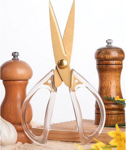Transparent Handle Stainless Steel Sharp Powerful Kitchen Scissors Multi-Purpose Heavy Duty Food Scissors Kitchen Shears Chicken Poultry bone fish scales (Amber handle gold blade)