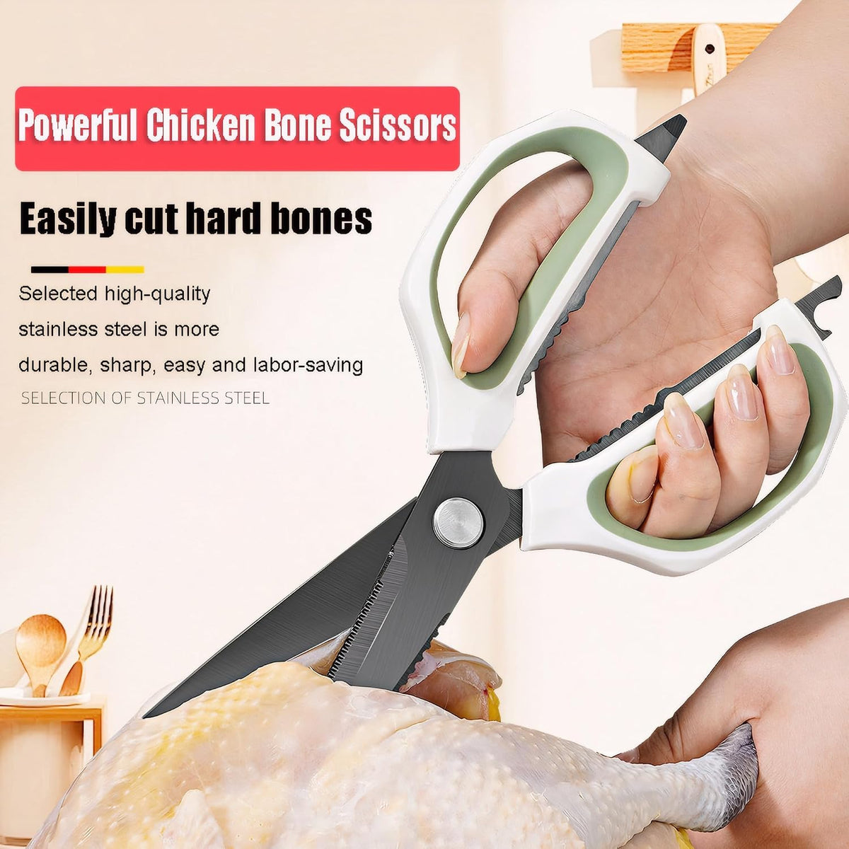 Transparent Handle Stainless Steel Sharp Powerful Kitchen Scissors Multi-Purpose Heavy Duty Food Scissors Kitchen Shears Chicken Poultry bone fish scales (Amber handle gold blade)