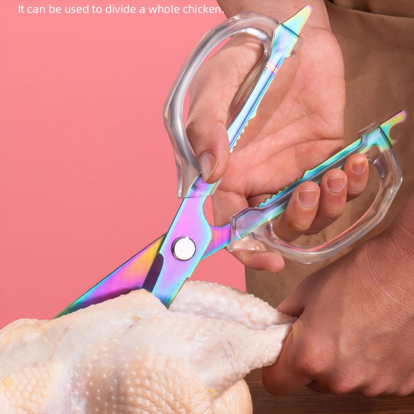Transparent Handle Stainless Steel Sharp Powerful Kitchen Scissors Multi-Purpose Heavy Duty Food Scissors Kitchen Shears Chicken Poultry bone fish scales (Amber handle gold blade)