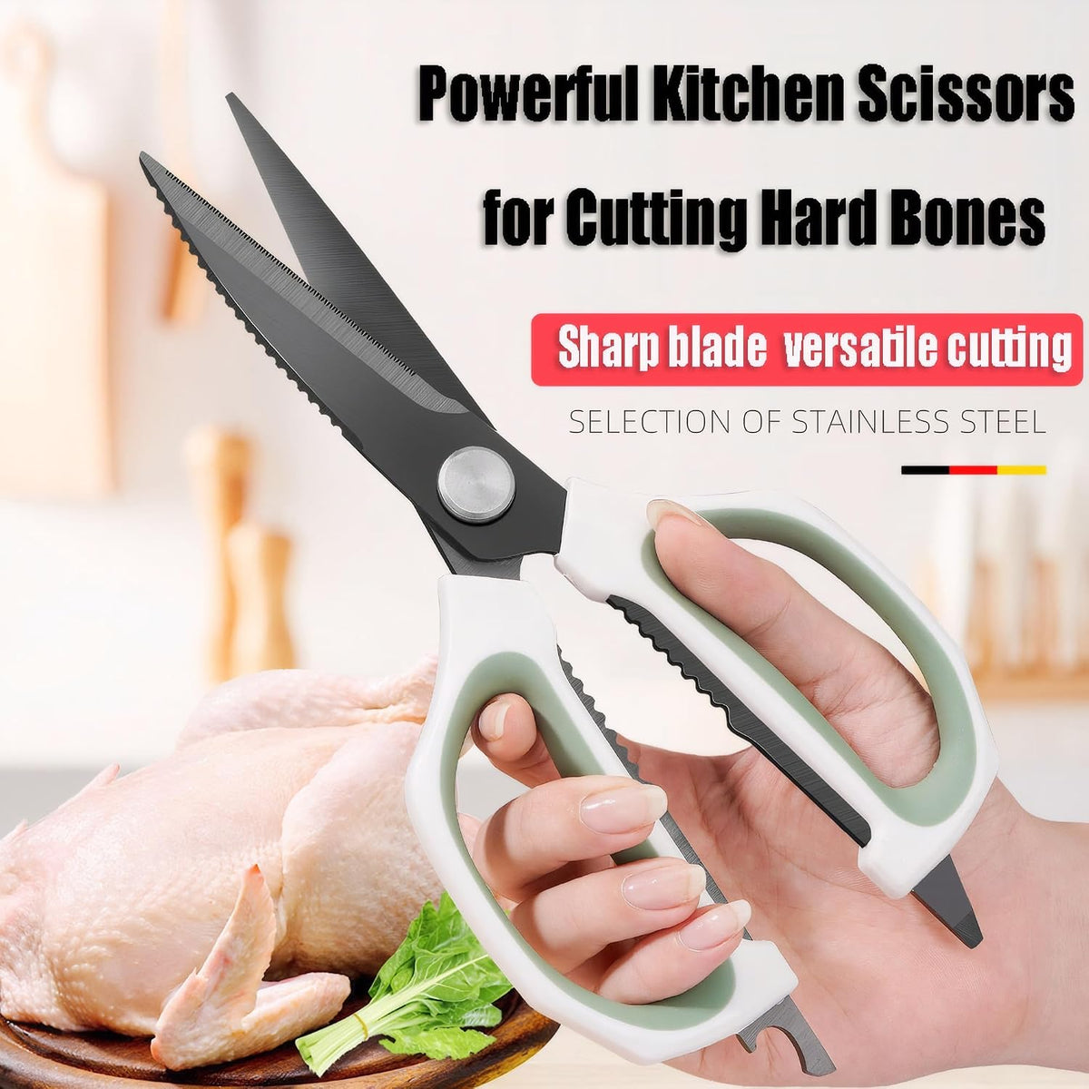 Transparent Handle Stainless Steel Sharp Powerful Kitchen Scissors Multi-Purpose Heavy Duty Food Scissors Kitchen Shears Chicken Poultry bone fish scales (Amber handle gold blade)