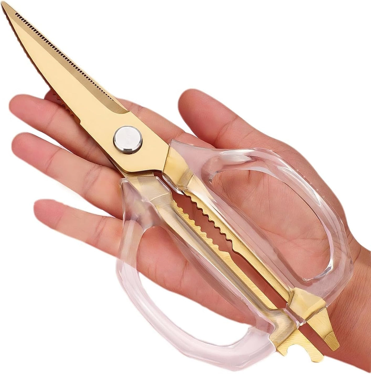 Transparent Handle Stainless Steel Sharp Powerful Kitchen Scissors Multi-Purpose Heavy Duty Food Scissors Kitchen Shears Chicken Poultry bone fish scales (Amber handle gold blade)