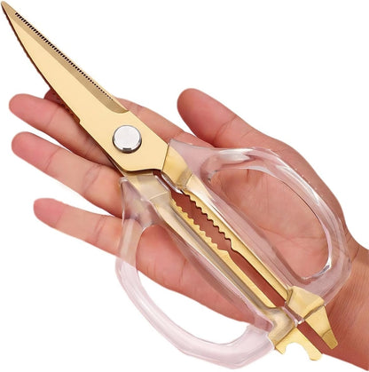 Transparent Handle Stainless Steel Sharp Powerful Kitchen Scissors Multi-Purpose Heavy Duty Food Scissors Kitchen Shears Chicken Poultry bone fish scales (Amber handle gold blade)
