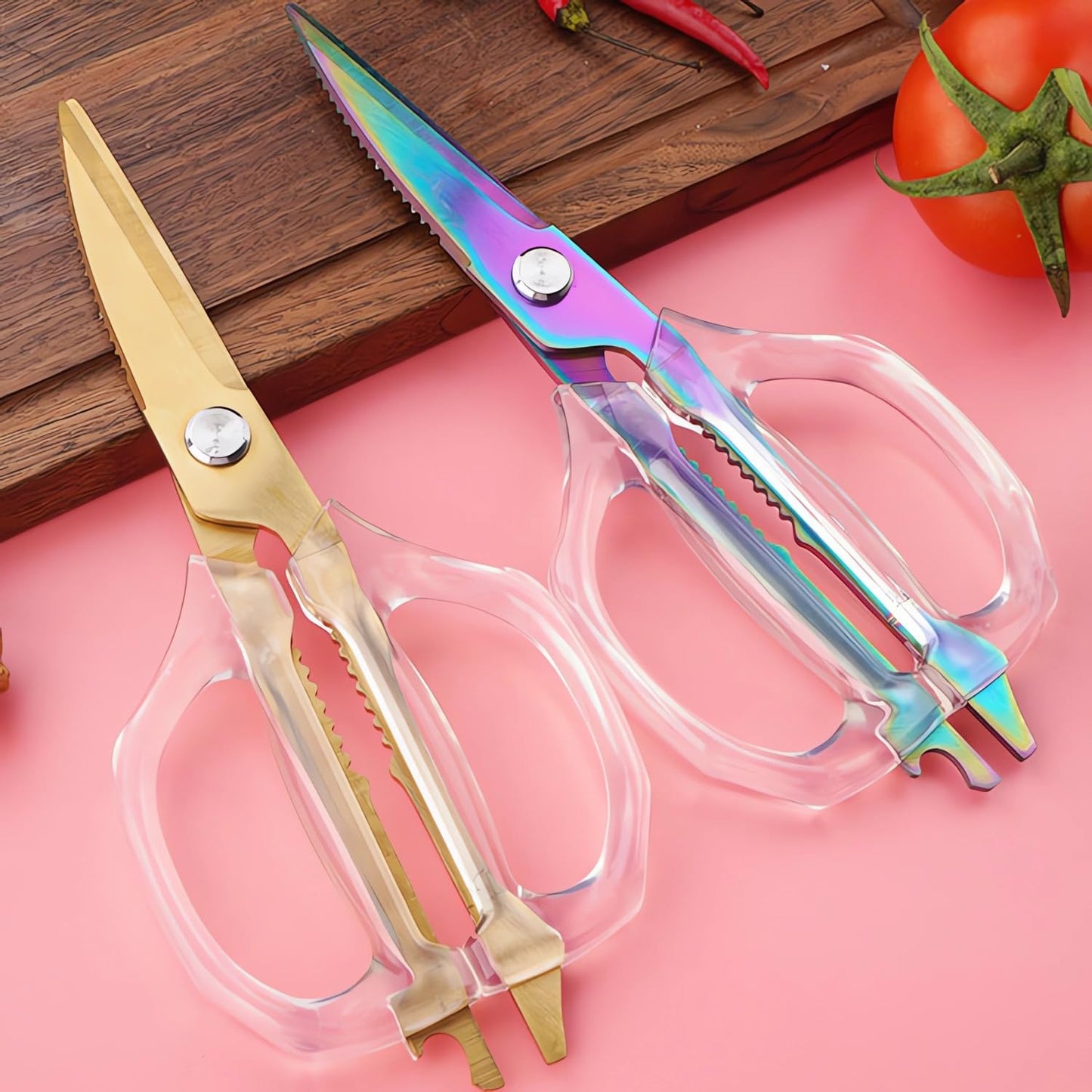 Transparent Handle Stainless Steel Sharp Powerful Kitchen Scissors Multi-Purpose Heavy Duty Food Scissors Kitchen Shears Chicken Poultry bone fish scales (Amber handle gold blade)