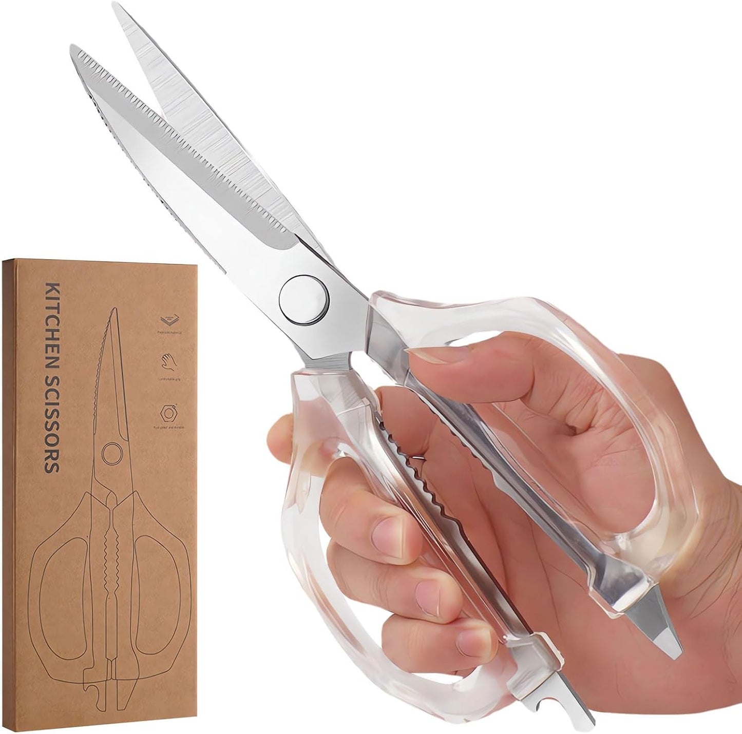 Transparent Handle Stainless Steel Sharp Powerful Kitchen Scissors Multi-Purpose Heavy Duty Food Scissors Kitchen Shears Chicken Poultry bone fish scales (Amber handle gold blade)
