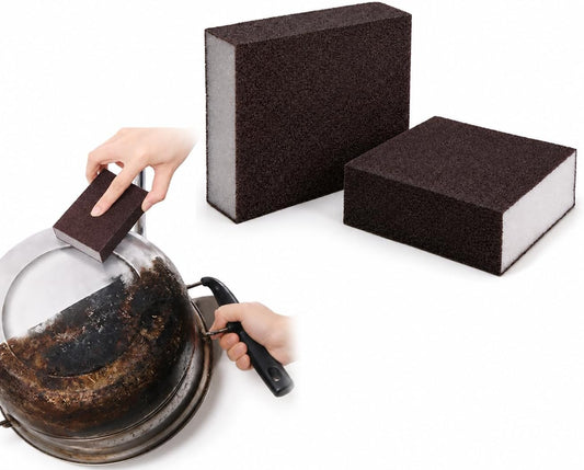 2 Pack Sandpaper Magic Sponge Cleaner Set, Ergonomic Handle Scrubber for Pots Pans Dishes, Rust Scale Removal Pad, Kitchen Cookware Stain Remover Tool