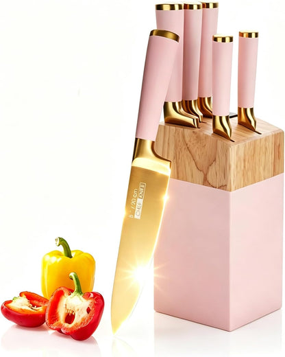 7 Pcs Aesthetic Gold Pink Kitchen Knife Set with Wooden Block Sharpener | Cute Chef Knife Block Sets Built-In Sharpener,Gold Titanium Coated,Ergonomic Handle,Sharp,Luxury Gift for Women