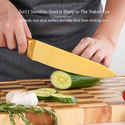 7 Pcs Aesthetic Gold Pink Kitchen Knife Set with Wooden Block Sharpener | Cute Chef Knife Block Sets Built-In Sharpener,Gold Titanium Coated,Ergonomic Handle,Sharp,Luxury Gift for Women