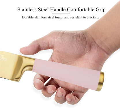 7 Pcs Aesthetic Gold Pink Kitchen Knife Set with Wooden Block Sharpener | Cute Chef Knife Block Sets Built-In Sharpener,Gold Titanium Coated,Ergonomic Handle,Sharp,Luxury Gift for Women