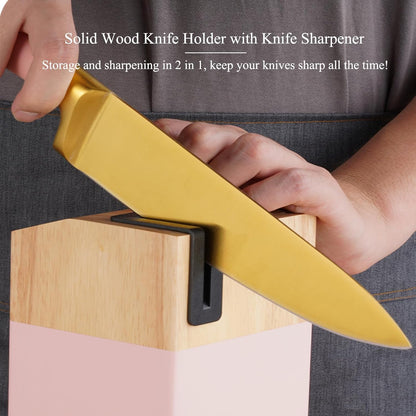 7 Pcs Aesthetic Gold Pink Kitchen Knife Set with Wooden Block Sharpener | Cute Chef Knife Block Sets Built-In Sharpener,Gold Titanium Coated,Ergonomic Handle,Sharp,Luxury Gift for Women