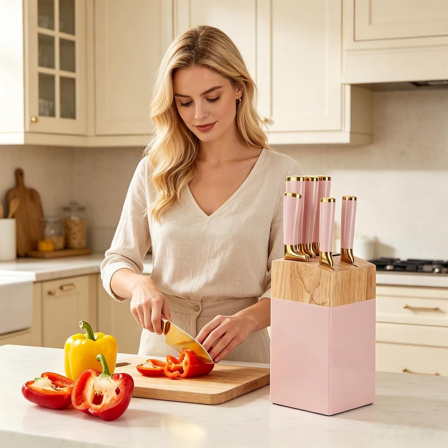 7 Pcs Aesthetic Gold Pink Kitchen Knife Set with Wooden Block Sharpener | Cute Chef Knife Block Sets Built-In Sharpener,Gold Titanium Coated,Ergonomic Handle,Sharp,Luxury Gift for Women