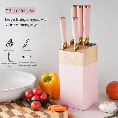7 Pcs Aesthetic Gold Pink Kitchen Knife Set with Wooden Block Sharpener | Cute Chef Knife Block Sets Built-In Sharpener,Gold Titanium Coated,Ergonomic Handle,Sharp,Luxury Gift for Women