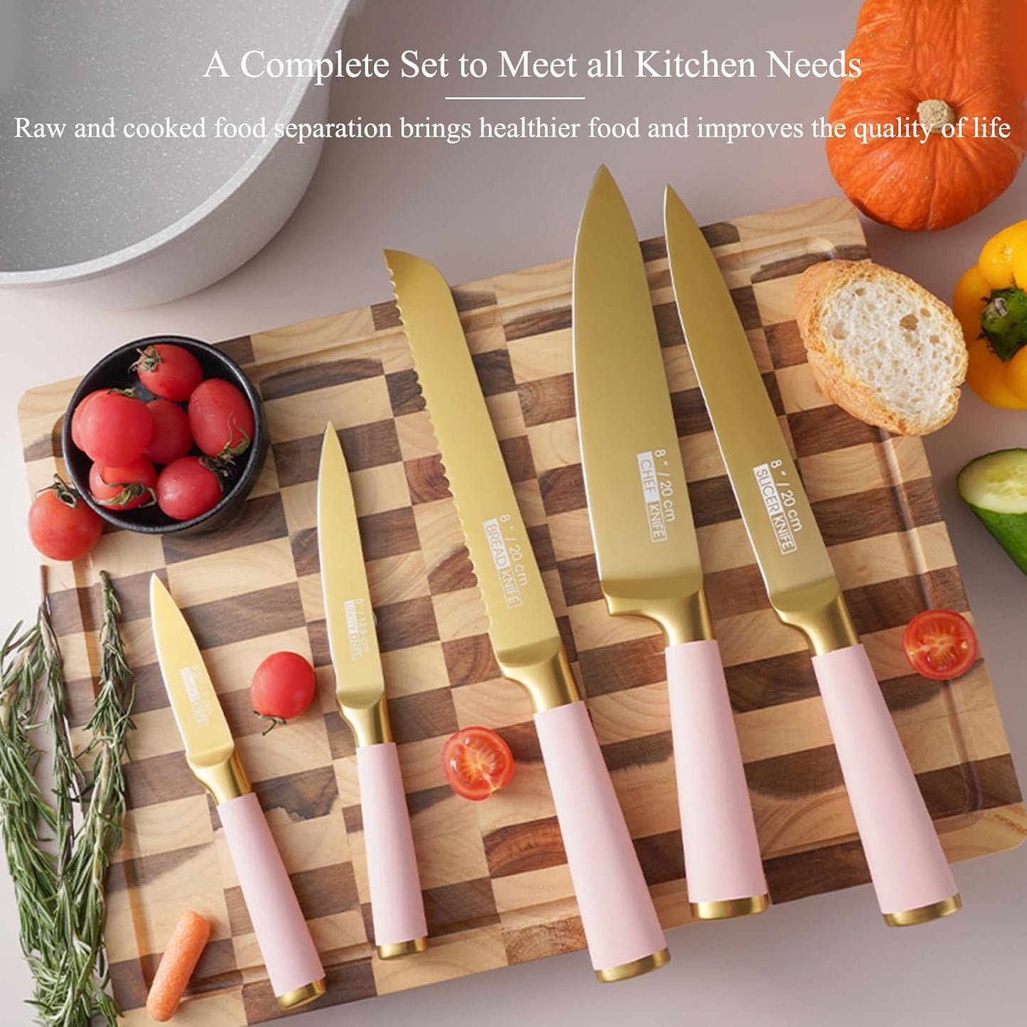 7 Pcs Aesthetic Gold Pink Kitchen Knife Set with Wooden Block Sharpener | Cute Chef Knife Block Sets Built-In Sharpener,Gold Titanium Coated,Ergonomic Handle,Sharp,Luxury Gift for Women