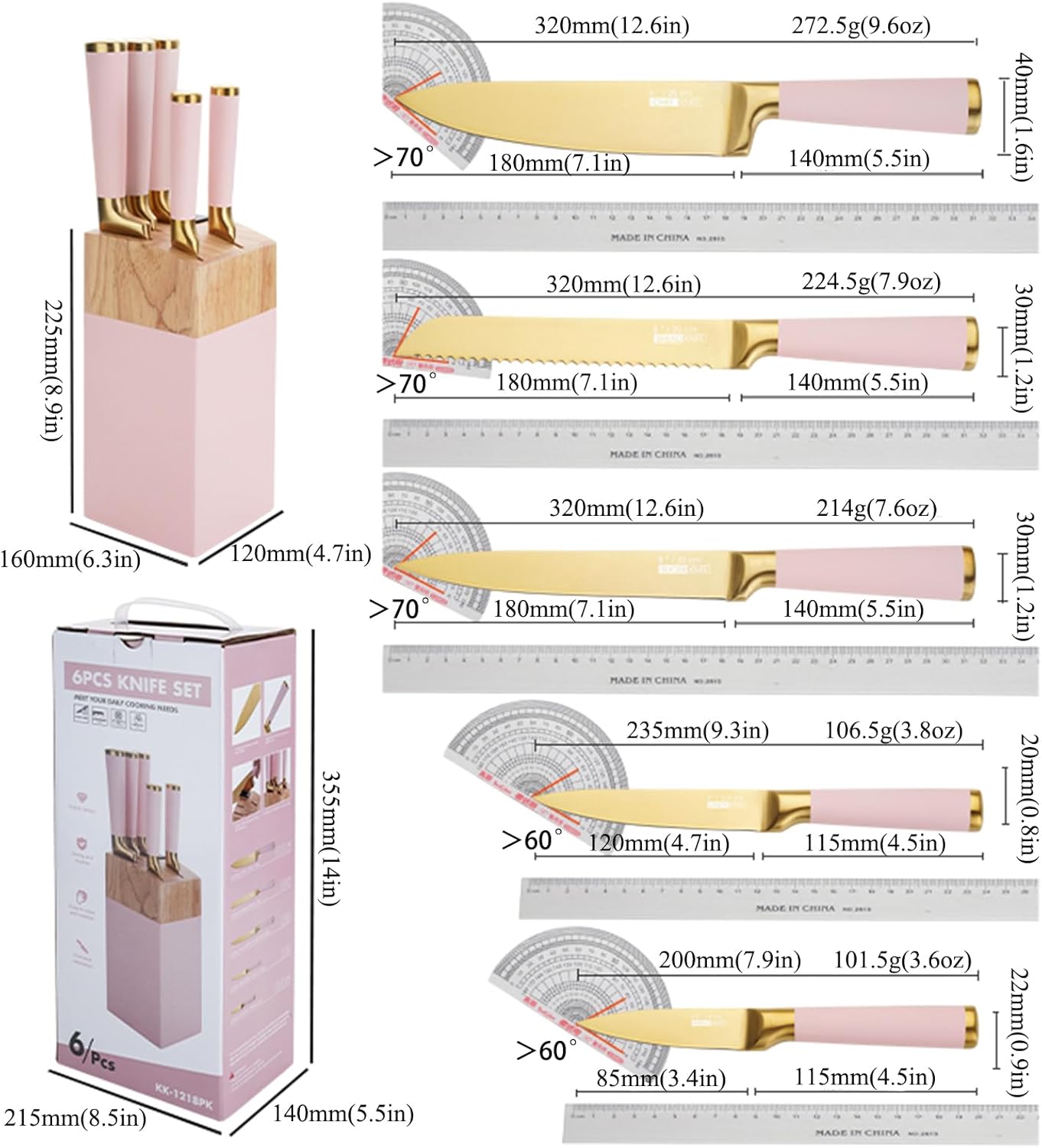 7 Pcs Aesthetic Gold Pink Kitchen Knife Set with Wooden Block Sharpener | Cute Chef Knife Block Sets Built-In Sharpener,Gold Titanium Coated,Ergonomic Handle,Sharp,Luxury Gift for Women