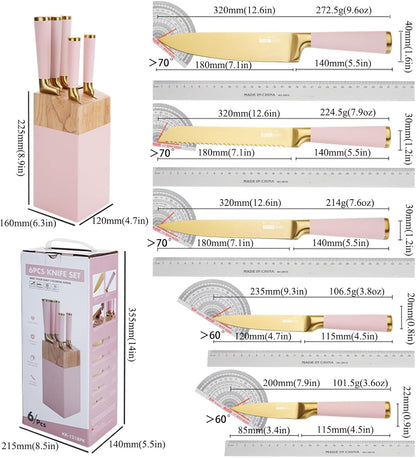 7 Pcs Aesthetic Gold Pink Kitchen Knife Set with Wooden Block Sharpener | Cute Chef Knife Block Sets Built-In Sharpener,Gold Titanium Coated,Ergonomic Handle,Sharp,Luxury Gift for Women