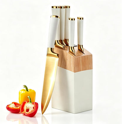 7 Pcs Aesthetic Gold Pink Kitchen Knife Set with Wooden Block Sharpener | Cute Chef Knife Block Sets Built-In Sharpener,Gold Titanium Coated,Ergonomic Handle,Sharp,Luxury Gift for Women