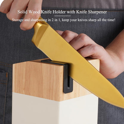 7 Pcs Aesthetic Gold Pink Kitchen Knife Set with Wooden Block Sharpener | Cute Chef Knife Block Sets Built-In Sharpener,Gold Titanium Coated,Ergonomic Handle,Sharp,Luxury Gift for Women