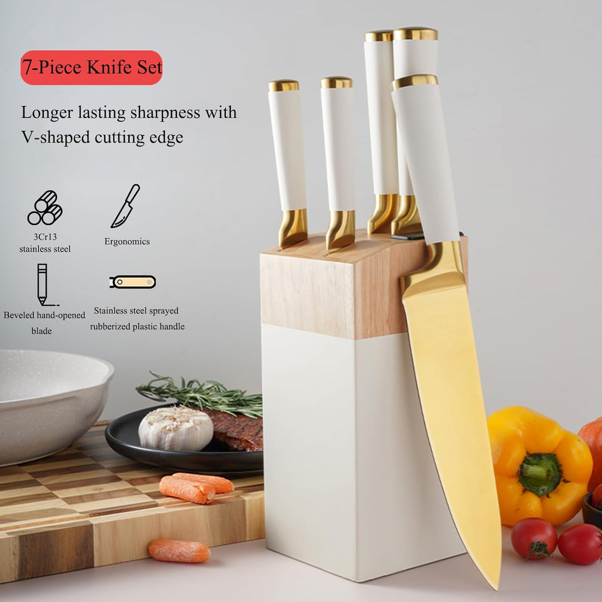 7 Pcs Aesthetic Gold Pink Kitchen Knife Set with Wooden Block Sharpener | Cute Chef Knife Block Sets Built-In Sharpener,Gold Titanium Coated,Ergonomic Handle,Sharp,Luxury Gift for Women