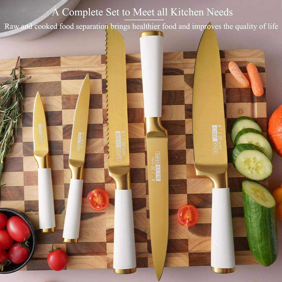 7 Pcs Aesthetic Gold Pink Kitchen Knife Set with Wooden Block Sharpener | Cute Chef Knife Block Sets Built-In Sharpener,Gold Titanium Coated,Ergonomic Handle,Sharp,Luxury Gift for Women