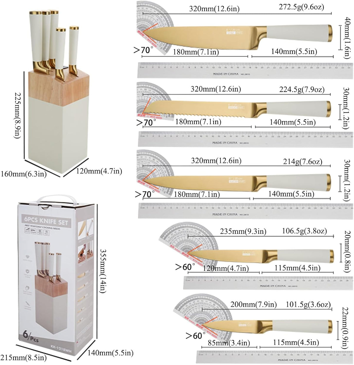 7 Pcs Aesthetic Gold Pink Kitchen Knife Set with Wooden Block Sharpener | Cute Chef Knife Block Sets Built-In Sharpener,Gold Titanium Coated,Ergonomic Handle,Sharp,Luxury Gift for Women