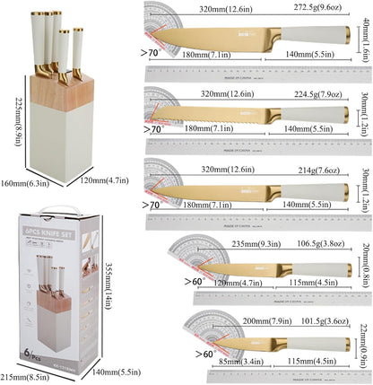 7 Pcs Aesthetic Gold Pink Kitchen Knife Set with Wooden Block Sharpener | Cute Chef Knife Block Sets Built-In Sharpener,Gold Titanium Coated,Ergonomic Handle,Sharp,Luxury Gift for Women