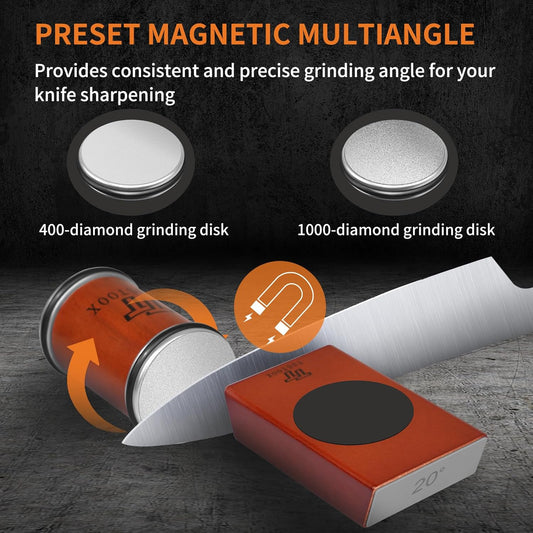 Rolling Knife Sharpener With Dual Diamond Discs (400/1000 Grit),Multi 15° & 20° Magnetic Angles Knife Sharpener Roller Tool, Strong Knife Sharpening Kit for Kitchen, Chef & Pocket Knives