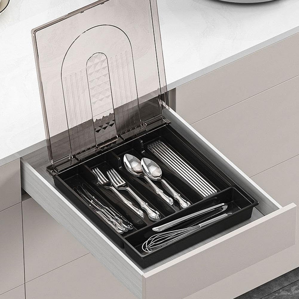 Flatware Storage Plastic Tray with Lid,Covered Utensil Tray for Kitchen Drawer and Countertop,Silverware Organizer Utensil Drawer Organizer Container with Cover for Spoon Fork Knife(black)