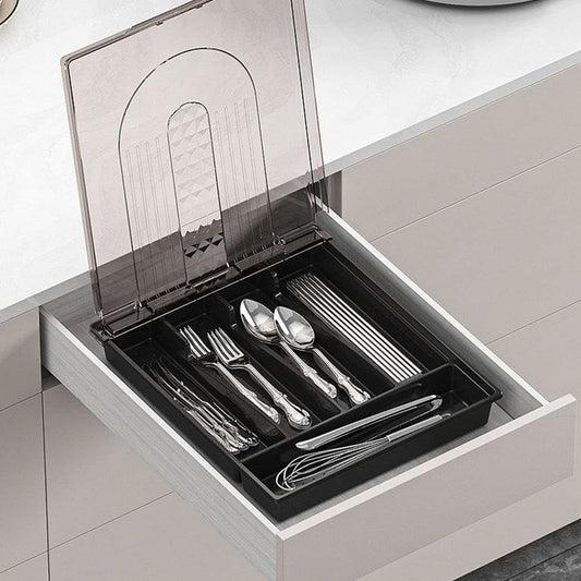 Flatware Storage Plastic Tray with Lid,Covered Utensil Tray for Kitchen Drawer and Countertop,Silverware Organizer Utensil Drawer Organizer Container with Cover for Spoon Fork Knife(black)