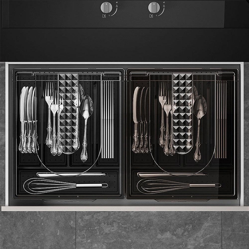 Flatware Storage Plastic Tray with Lid,Covered Utensil Tray for Kitchen Drawer and Countertop,Silverware Organizer Utensil Drawer Organizer Container with Cover for Spoon Fork Knife(black)