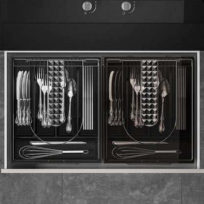Flatware Storage Plastic Tray with Lid,Covered Utensil Tray for Kitchen Drawer and Countertop,Silverware Organizer Utensil Drawer Organizer Container with Cover for Spoon Fork Knife(black)