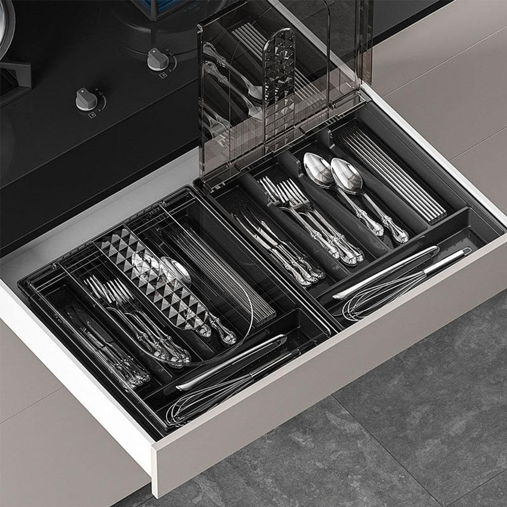 Flatware Storage Plastic Tray with Lid,Covered Utensil Tray for Kitchen Drawer and Countertop,Silverware Organizer Utensil Drawer Organizer Container with Cover for Spoon Fork Knife(black)