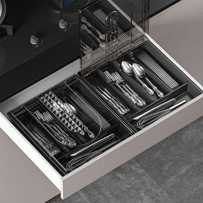 Flatware Storage Plastic Tray with Lid,Covered Utensil Tray for Kitchen Drawer and Countertop,Silverware Organizer Utensil Drawer Organizer Container with Cover for Spoon Fork Knife(black)