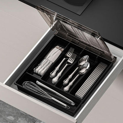 Flatware Storage Plastic Tray with Lid,Covered Utensil Tray for Kitchen Drawer and Countertop,Silverware Organizer Utensil Drawer Organizer Container with Cover for Spoon Fork Knife(black)